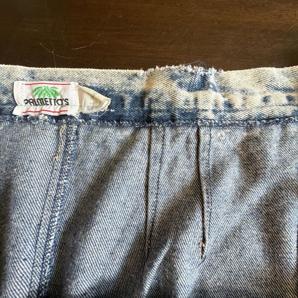 Vintage 80s Palmettos Acid Wash Denim Midi Skirt Pleated Button Back Slit L 16 - Picture 8 of 16